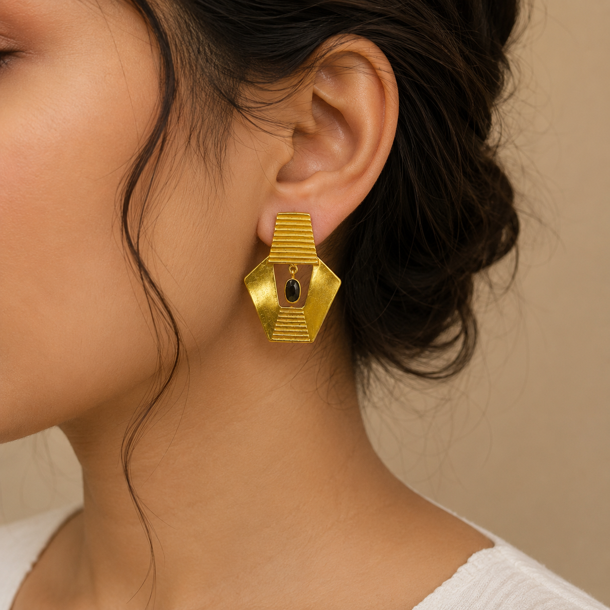Cleopatra Ribbed Earrings – 18K Gold Plated Egyptian Shield Stud Drops