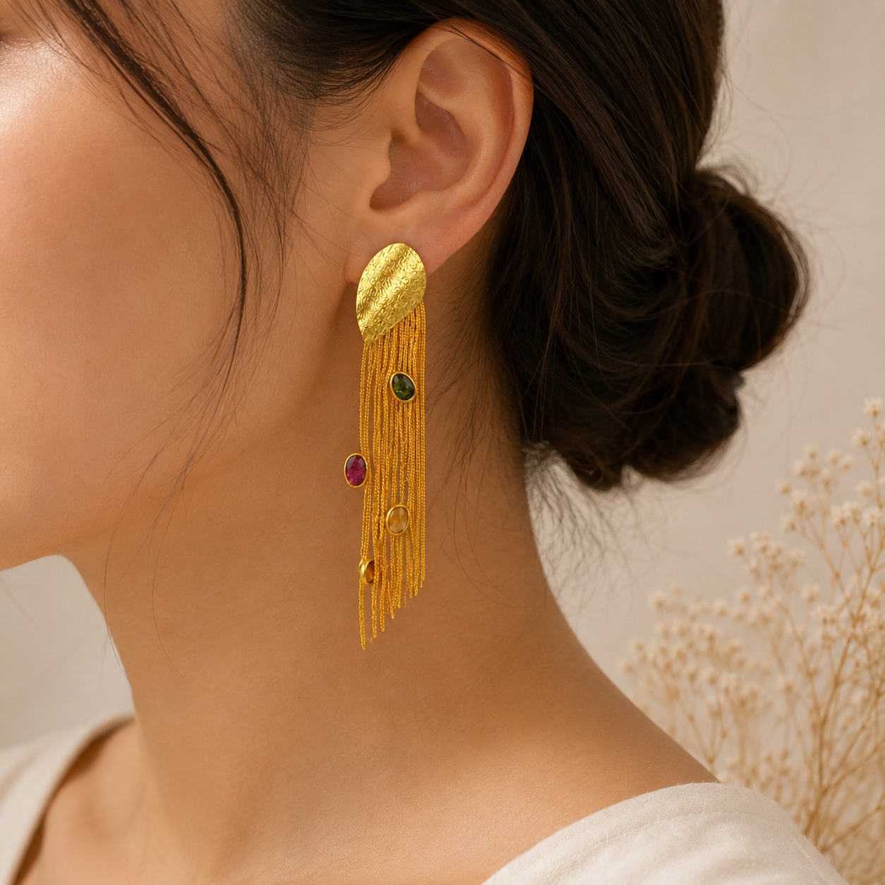 Satin Shield Rainbow Waterfall Drops – Gold Plated Multi-Gem Fringe Earrings