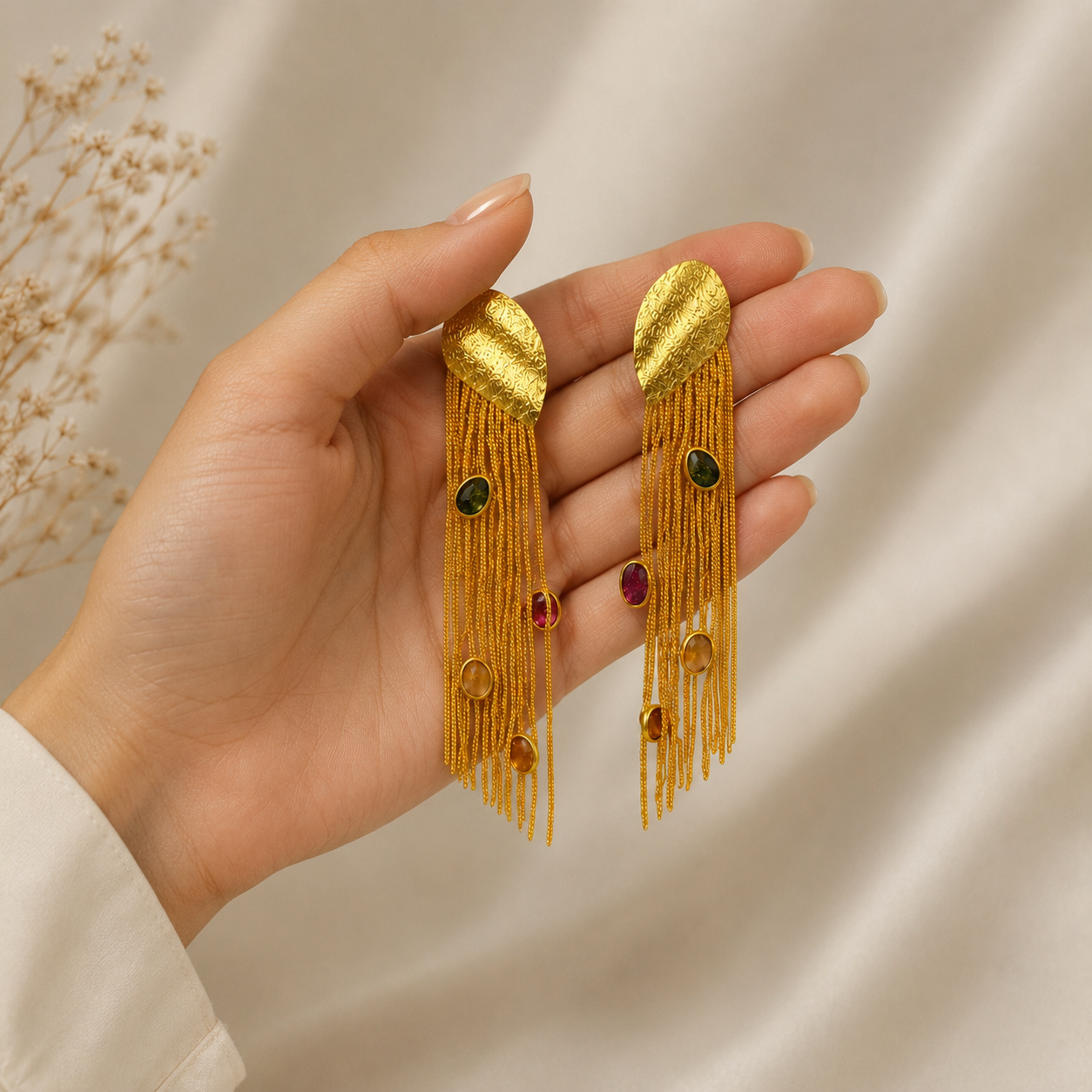 Satin Shield Rainbow Waterfall Drops – Gold Plated Multi-Gem Fringe Earrings