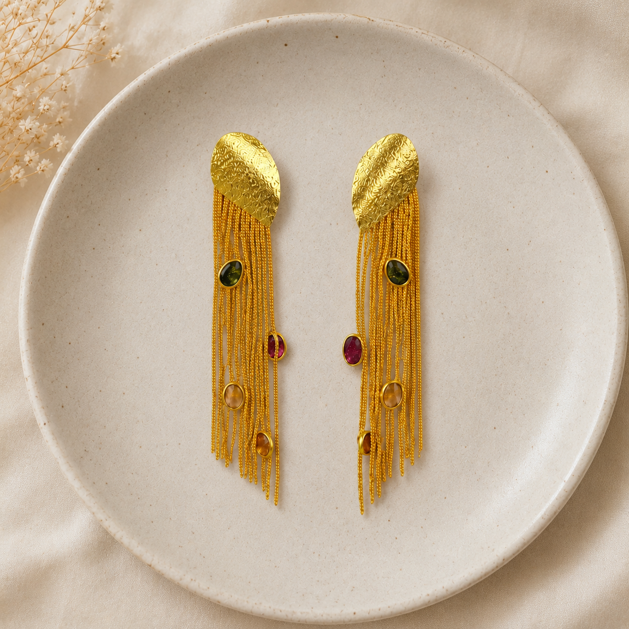 Satin Shield Rainbow Waterfall Drops – Gold Plated Multi-Gem Fringe Earrings