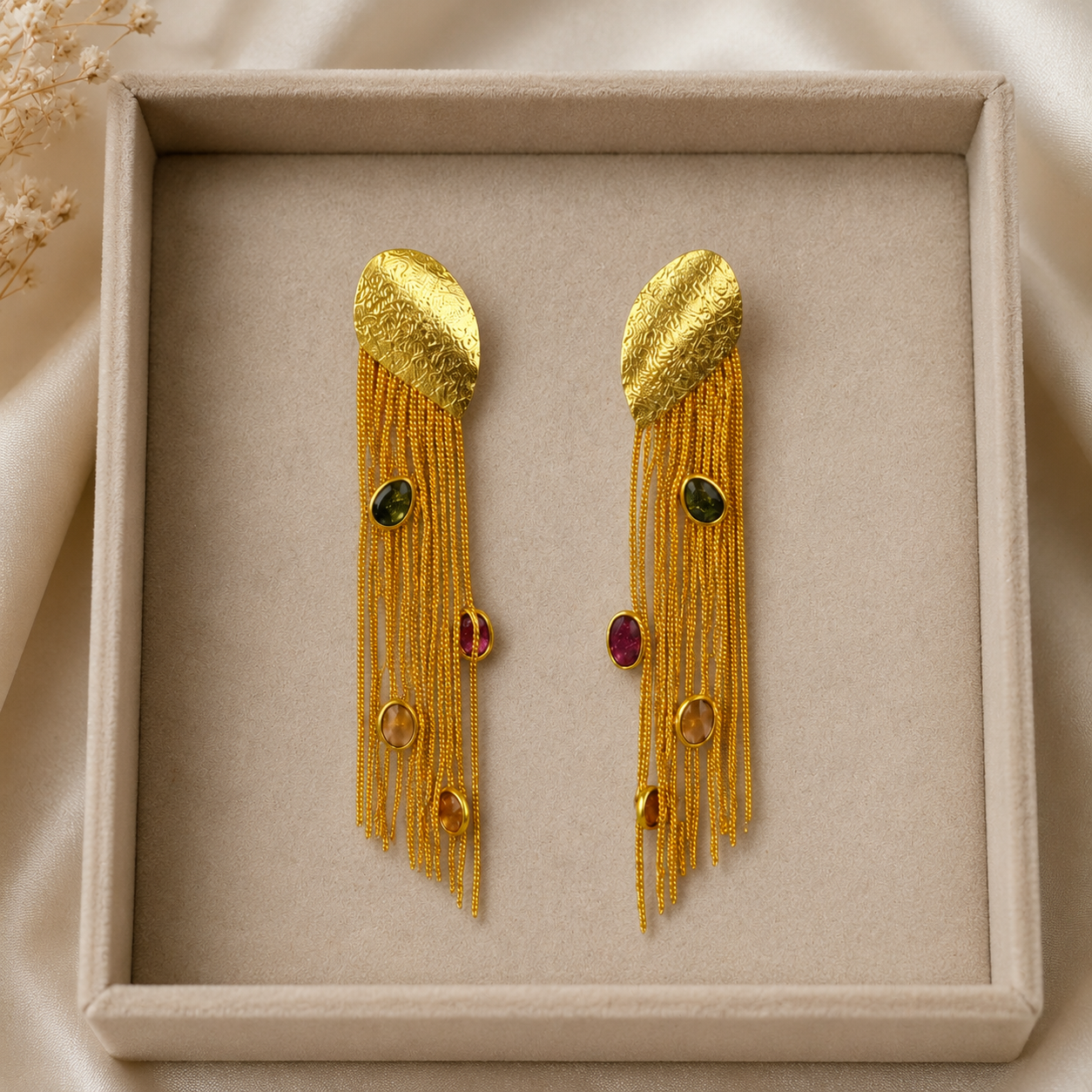 Satin Shield Rainbow Waterfall Drops – Gold Plated Multi-Gem Fringe Earrings