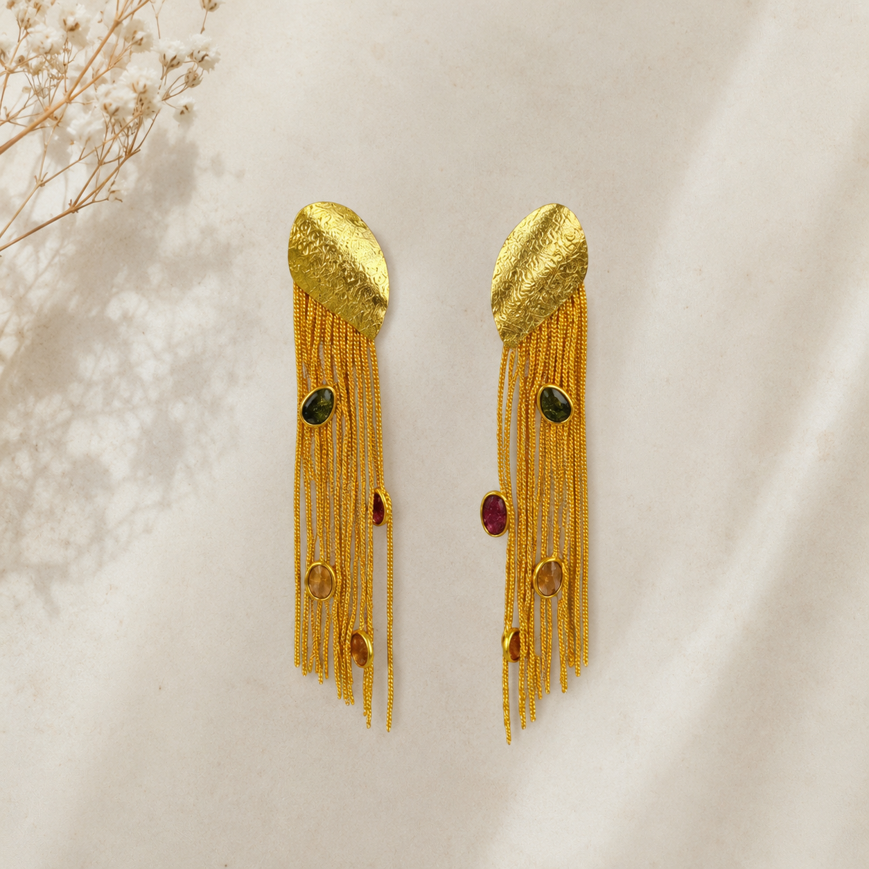 Satin Shield Rainbow Waterfall Drops – Gold Plated Multi-Gem Fringe Earrings