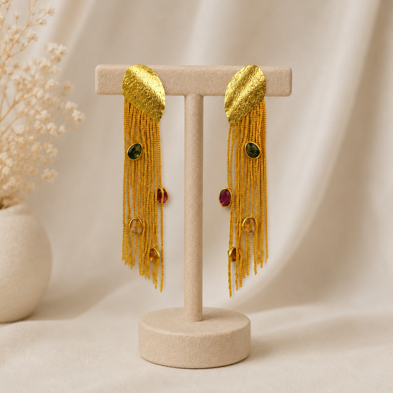 Satin Shield Rainbow Waterfall Drops – Gold Plated Multi-Gem Fringe Earrings