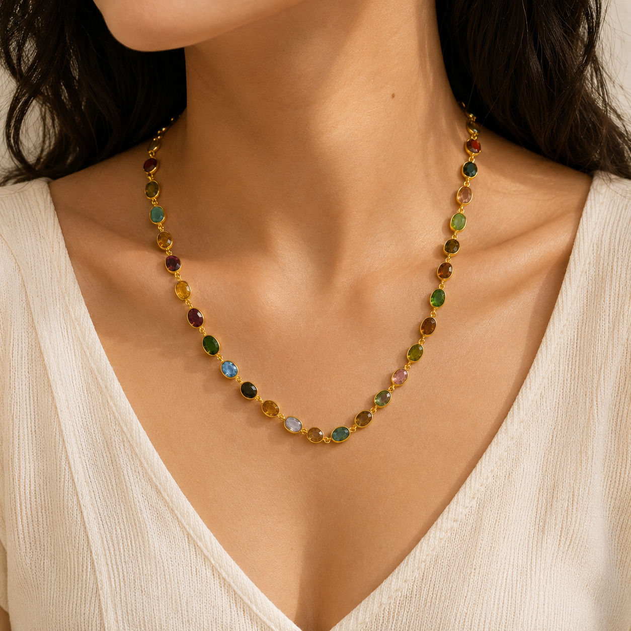 Meridian Continuous Gem Necklace – Gold Plated Tarmuline Station Chain