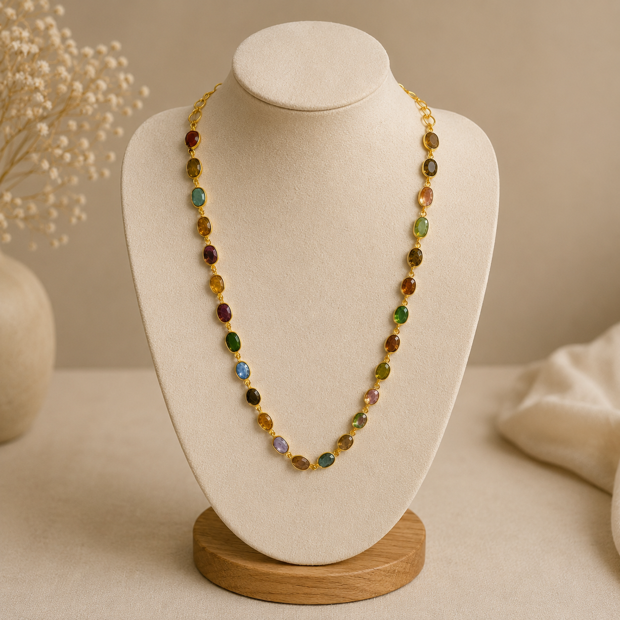 Meridian Continuous Gem Necklace – Gold Plated Tarmuline Station Chain