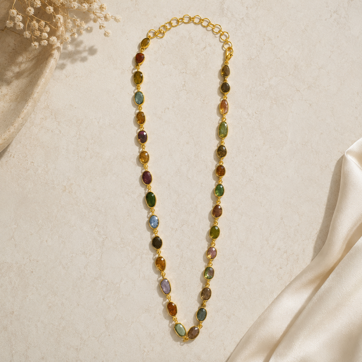 Meridian Continuous Gem Necklace – Gold Plated Tarmuline Station Chain
