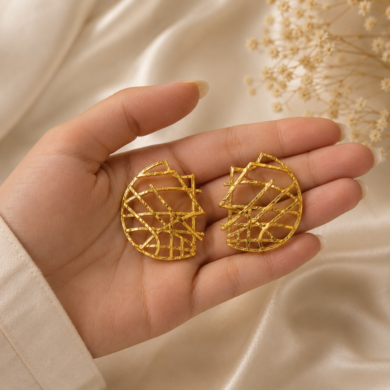 Cyber Grid Statement Studs – 18K Gold Plated Abstract Openwork Earrings