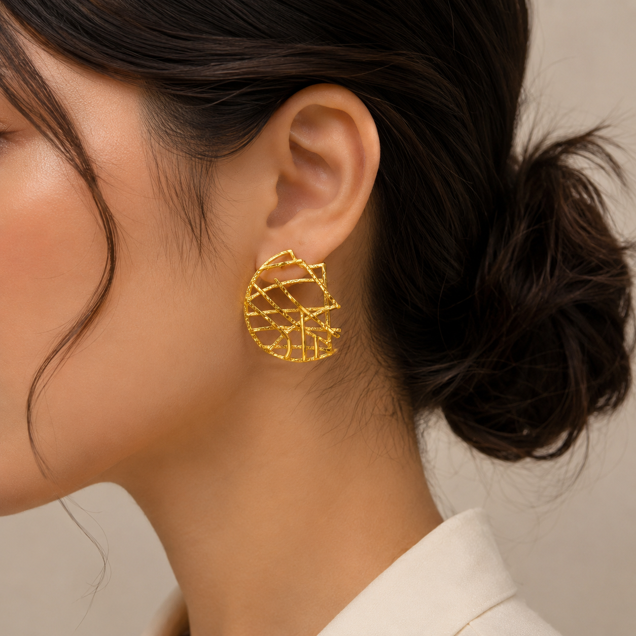 Cyber Grid Statement Studs – 18K Gold Plated Abstract Openwork Earrings