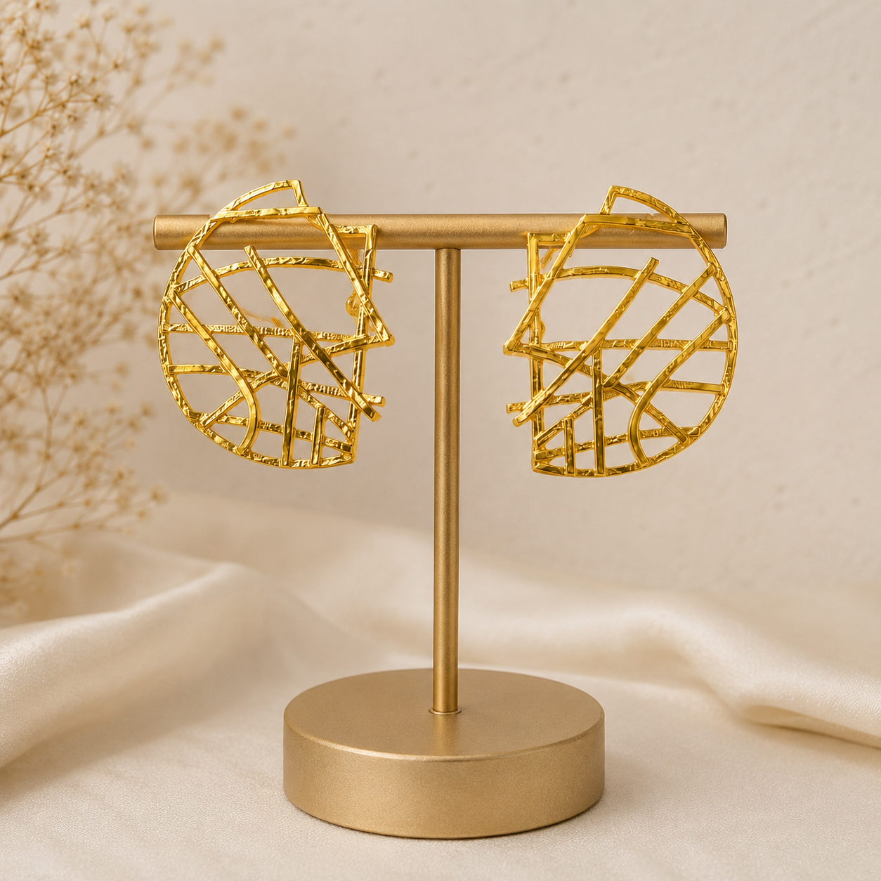 Cyber Grid Statement Studs – 18K Gold Plated Abstract Openwork Earrings