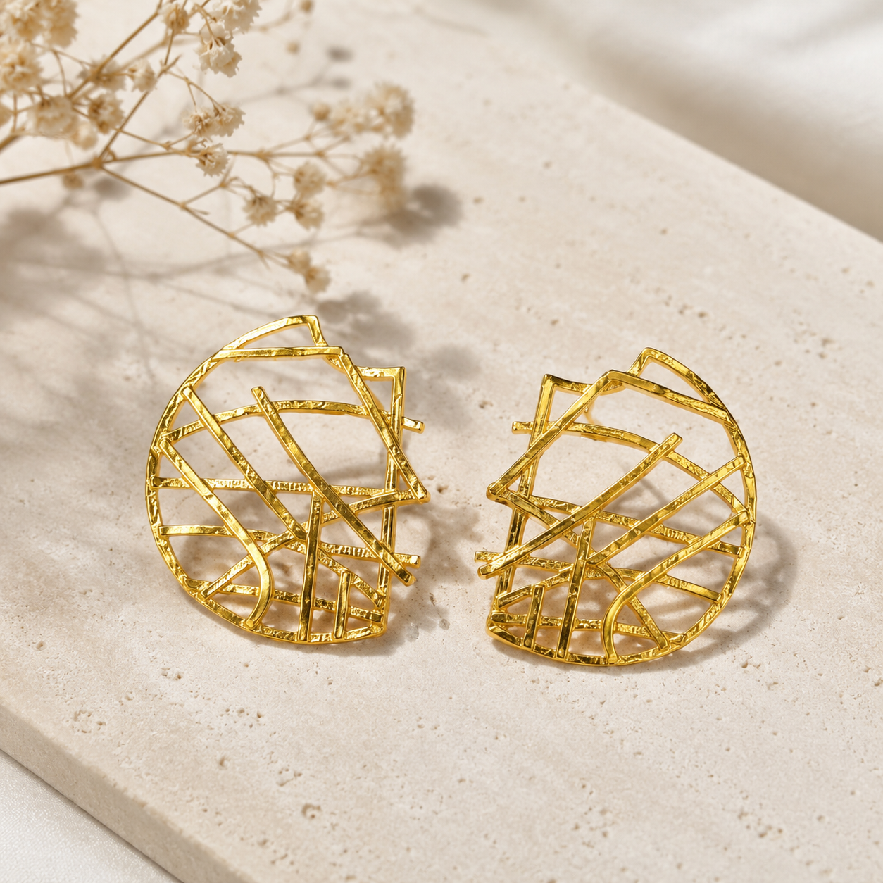 Cyber Grid Statement Studs – 18K Gold Plated Abstract Openwork Earrings