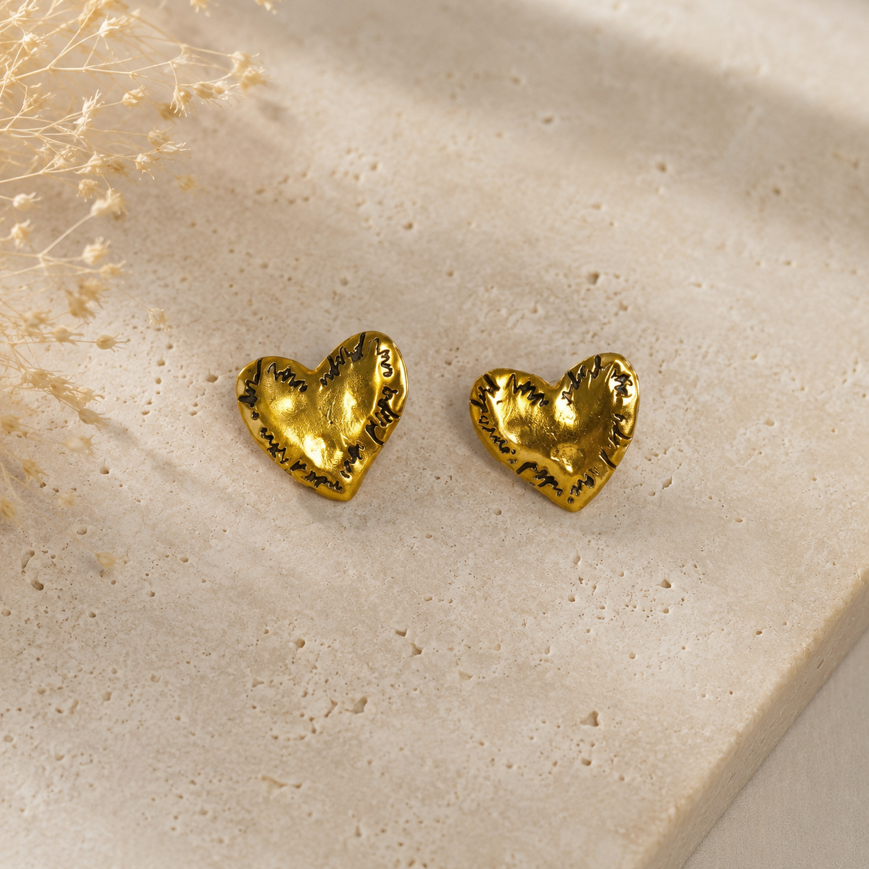Etched Heart Statement Earrings – Gold Plated Textured Artisan Studs