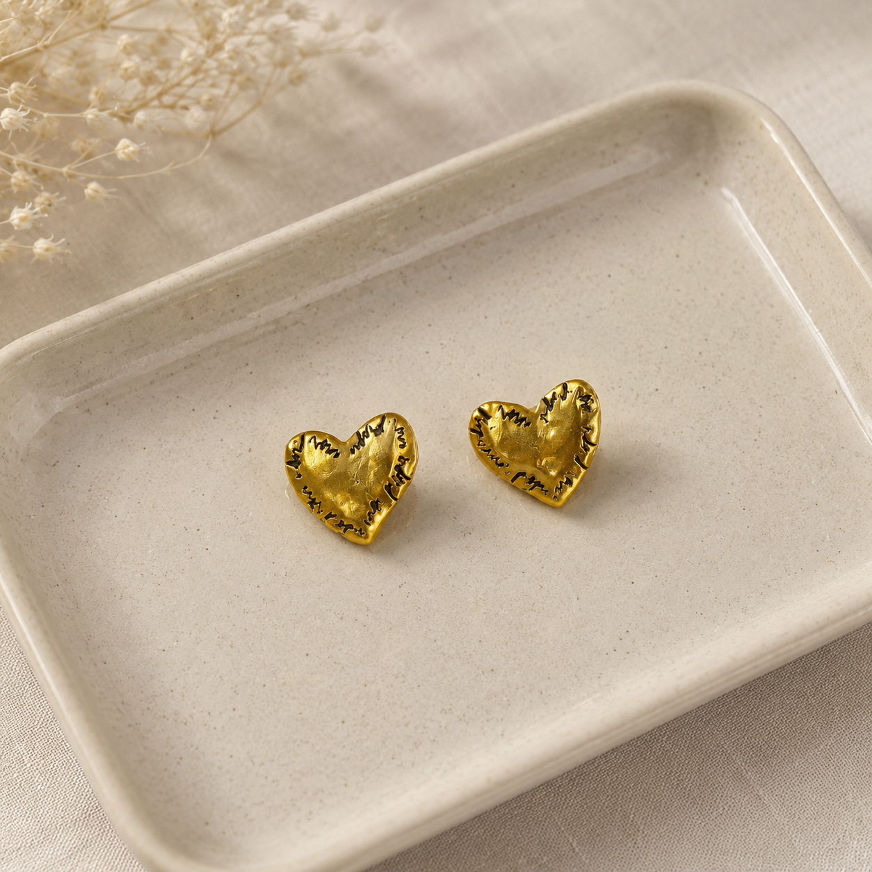 Etched Heart Statement Earrings – Gold Plated Textured Artisan Studs