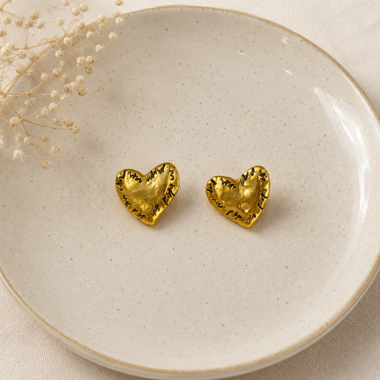 Etched Heart Statement Earrings – Gold Plated Textured Artisan Studs