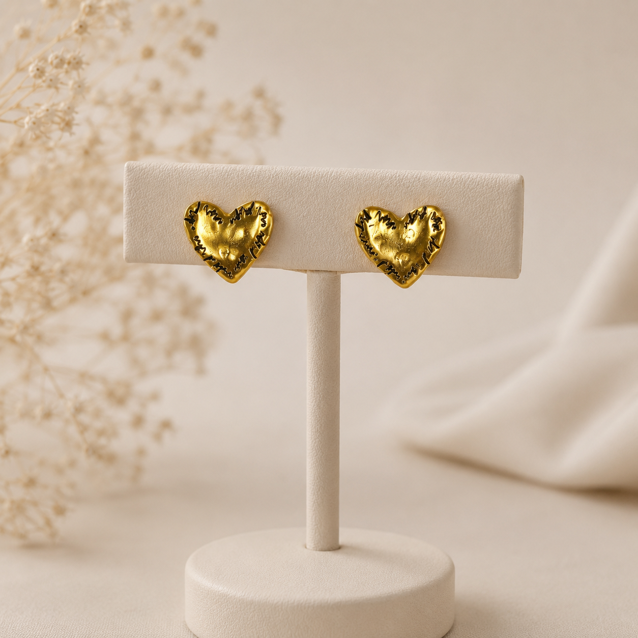 Etched Heart Statement Earrings – Gold Plated Textured Artisan Studs