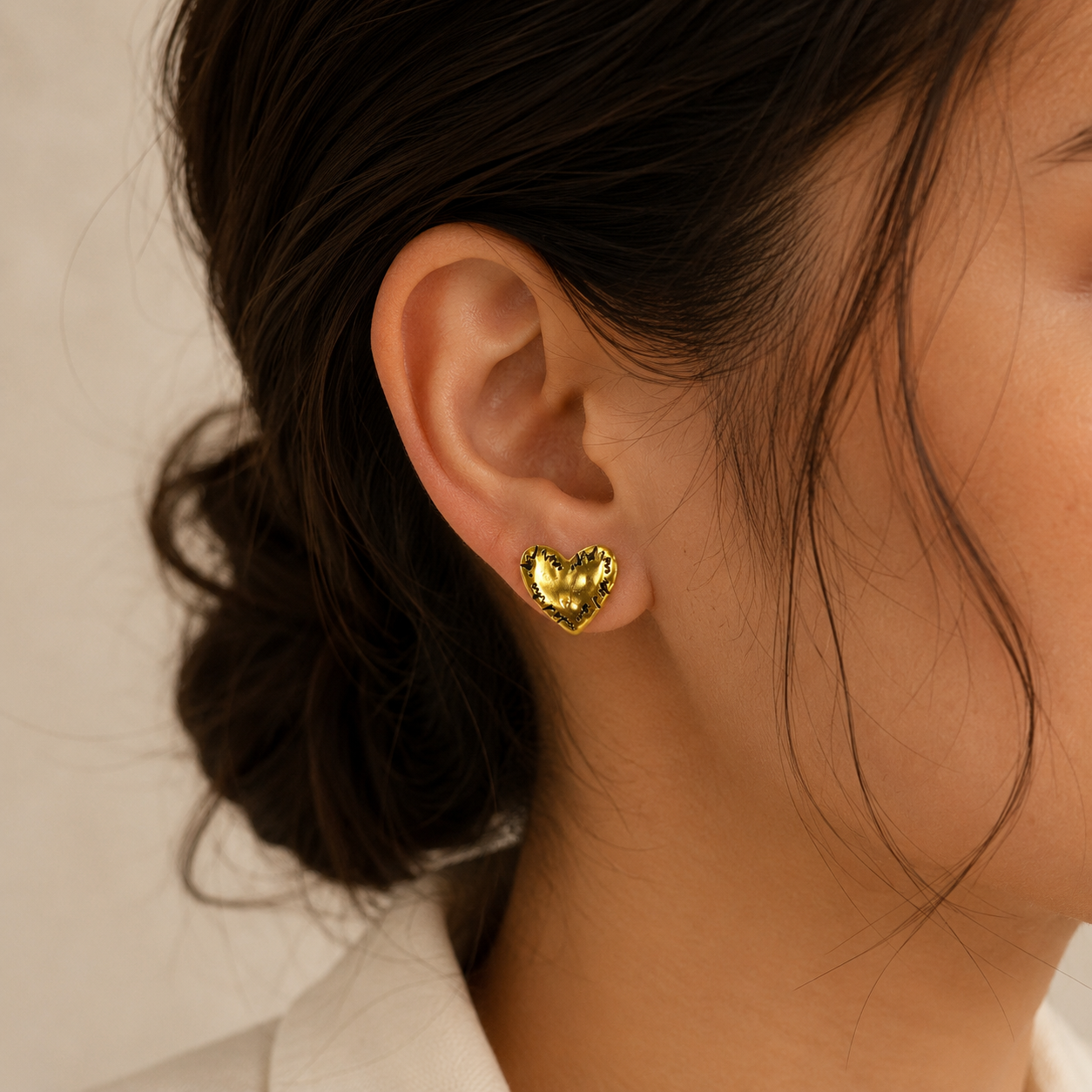 Etched Heart Statement Earrings – Gold Plated Textured Artisan Studs