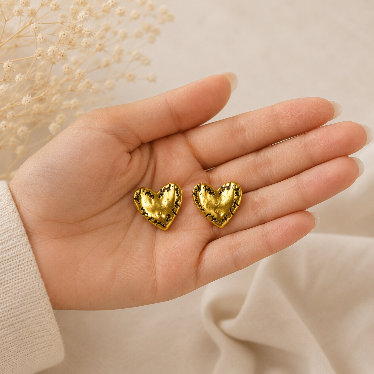 Etched Heart Statement Earrings – Gold Plated Textured Artisan Studs