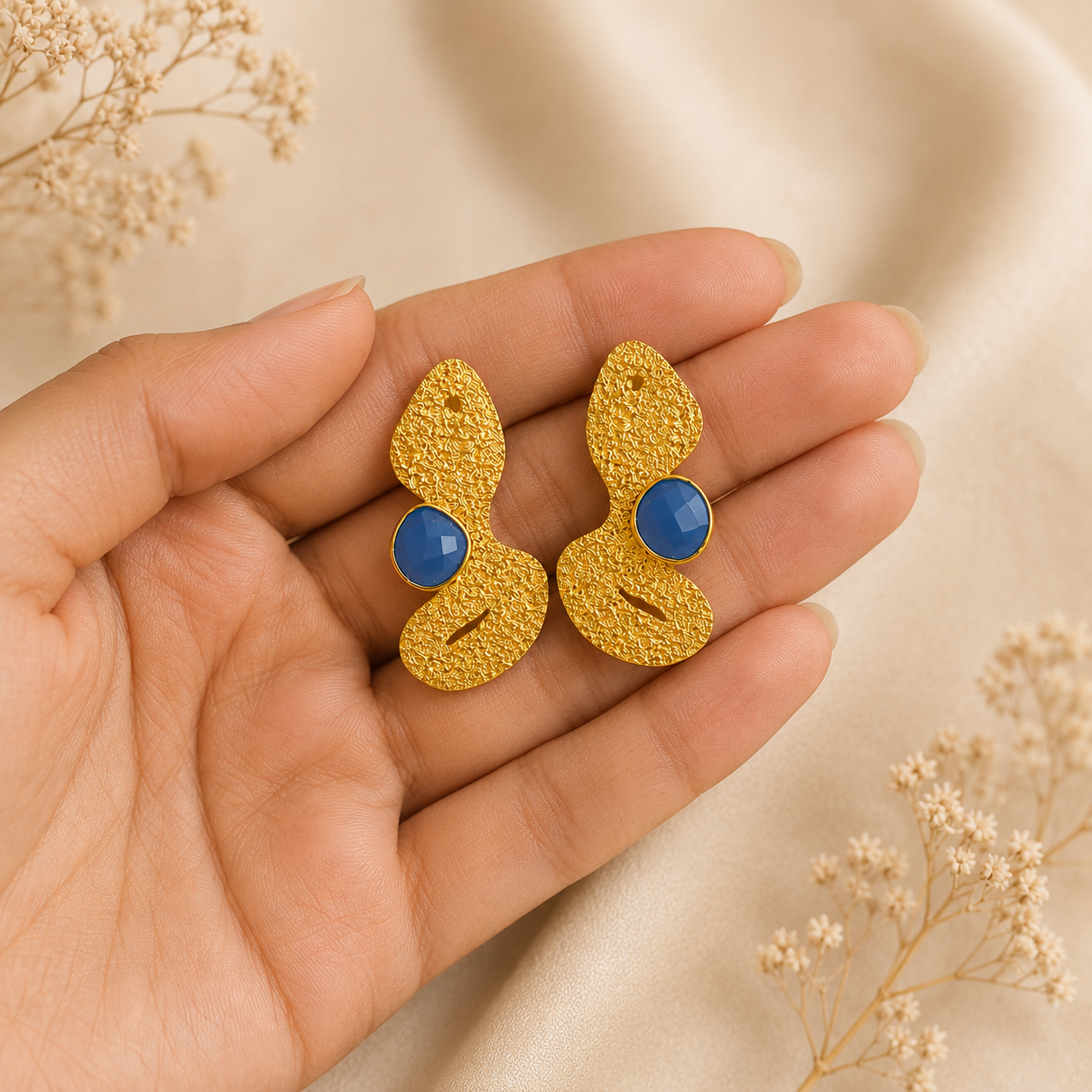 Aegean Abstract Studs – Gold Plated Textured Fluid Face Statement Earrings