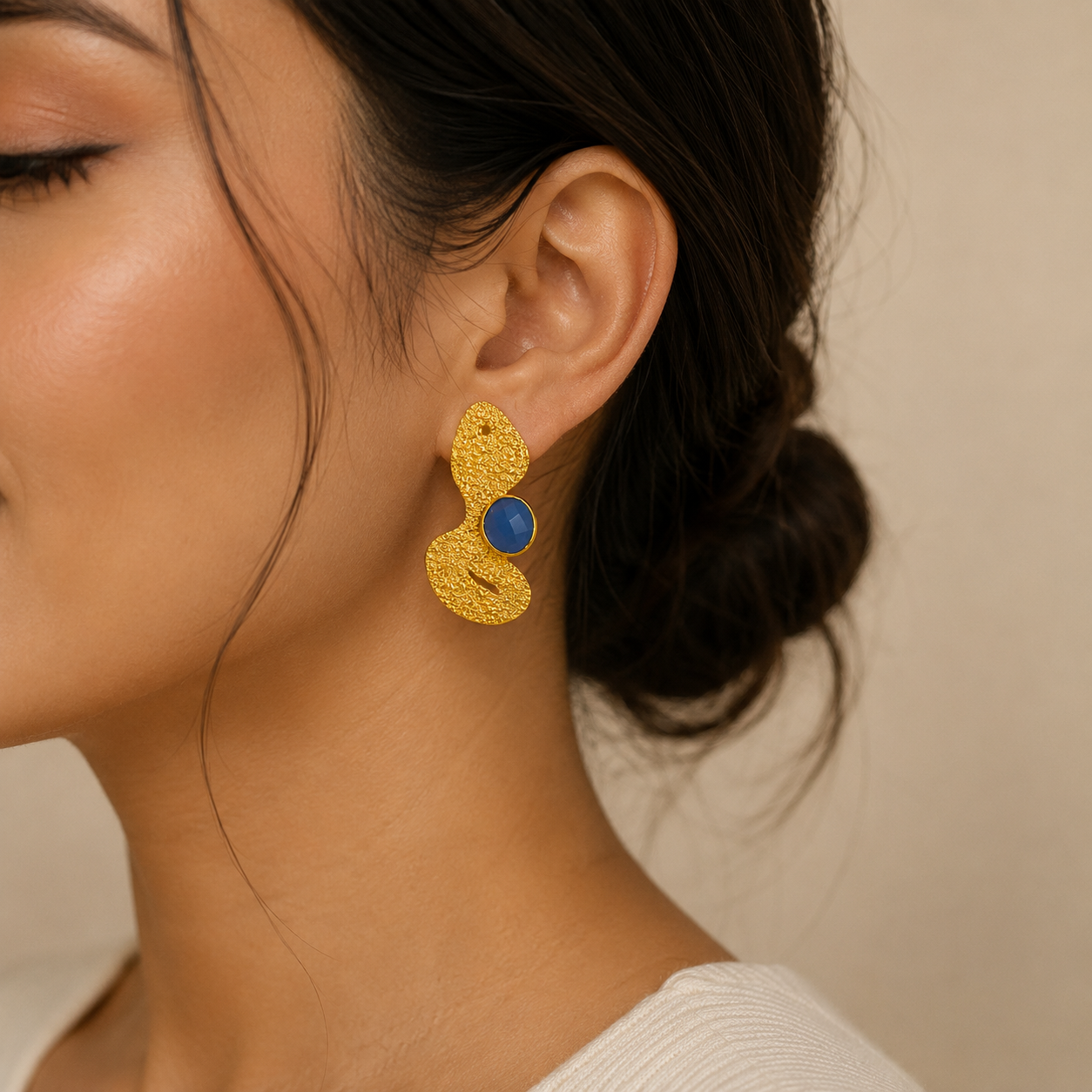 Aegean Abstract Studs – Gold Plated Textured Fluid Face Statement Earrings