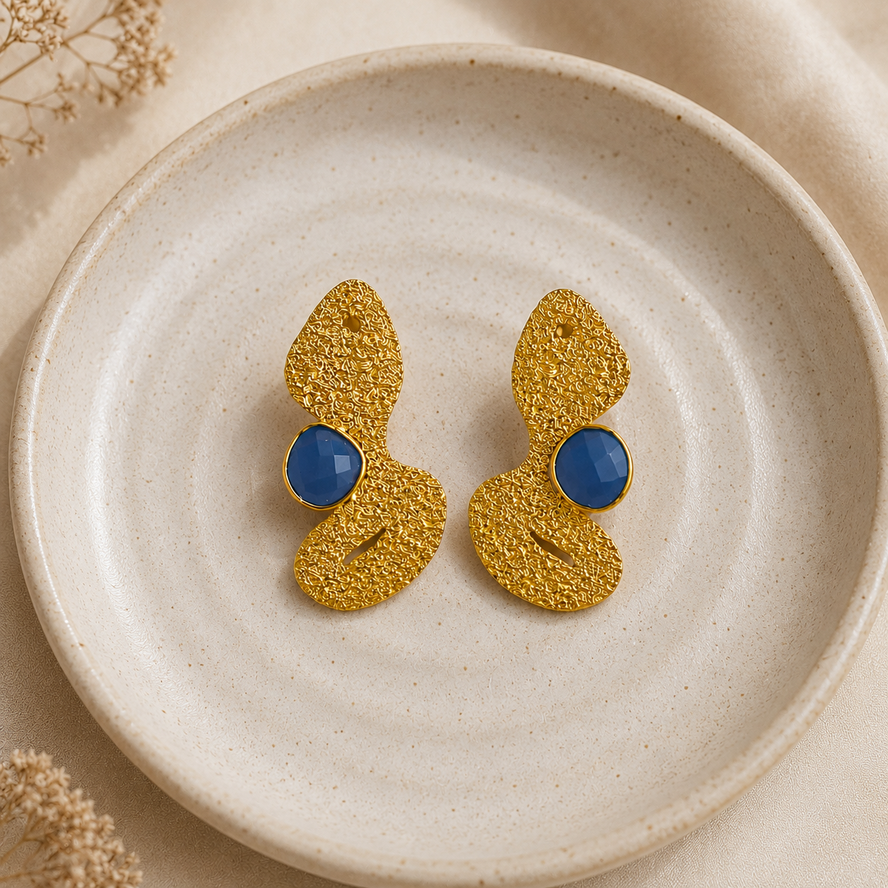 Aegean Abstract Studs – Gold Plated Textured Fluid Face Statement Earrings