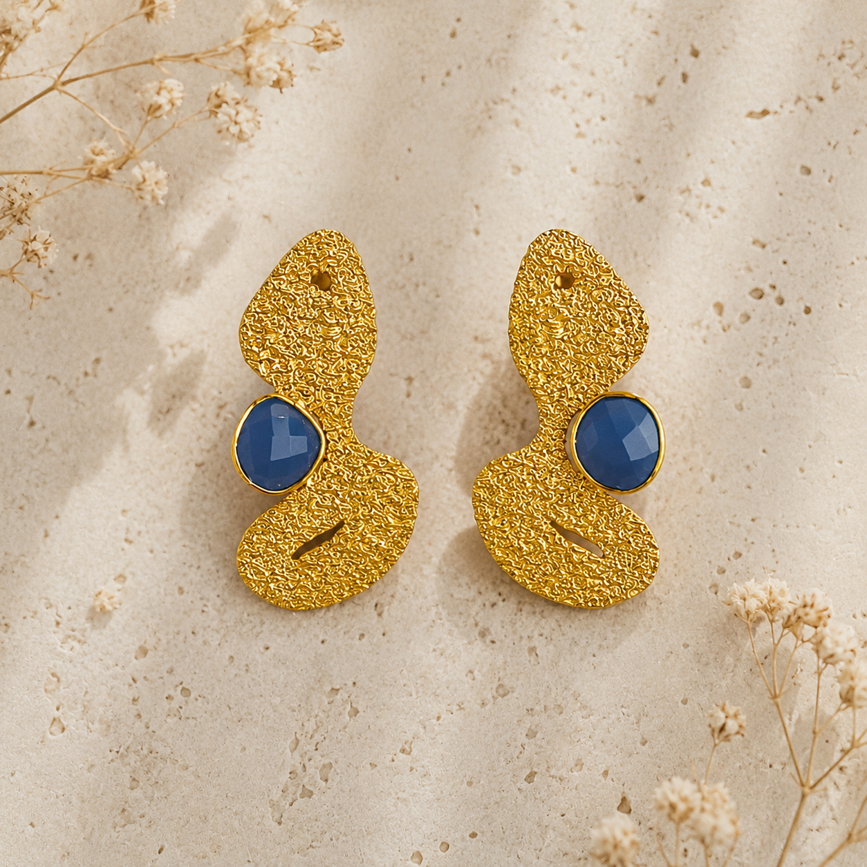 Aegean Abstract Studs – Gold Plated Textured Fluid Face Statement Earrings