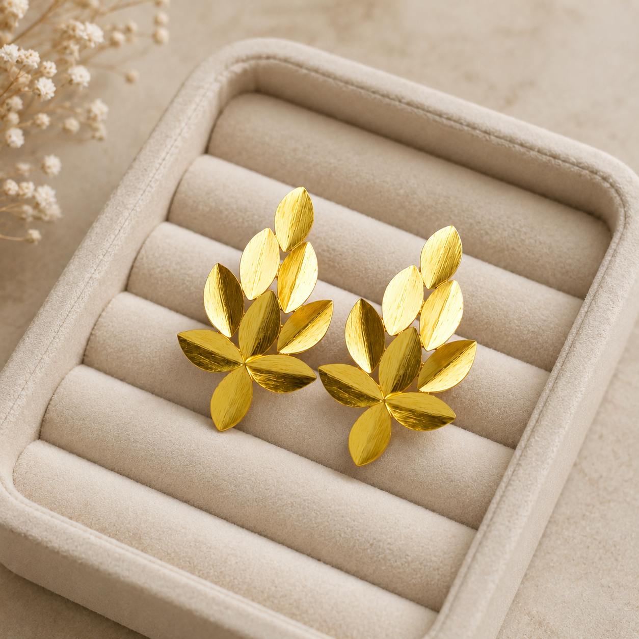 Golden Willow Cluster Earrings – Gold Plated Brushed Leaf Statement Studs