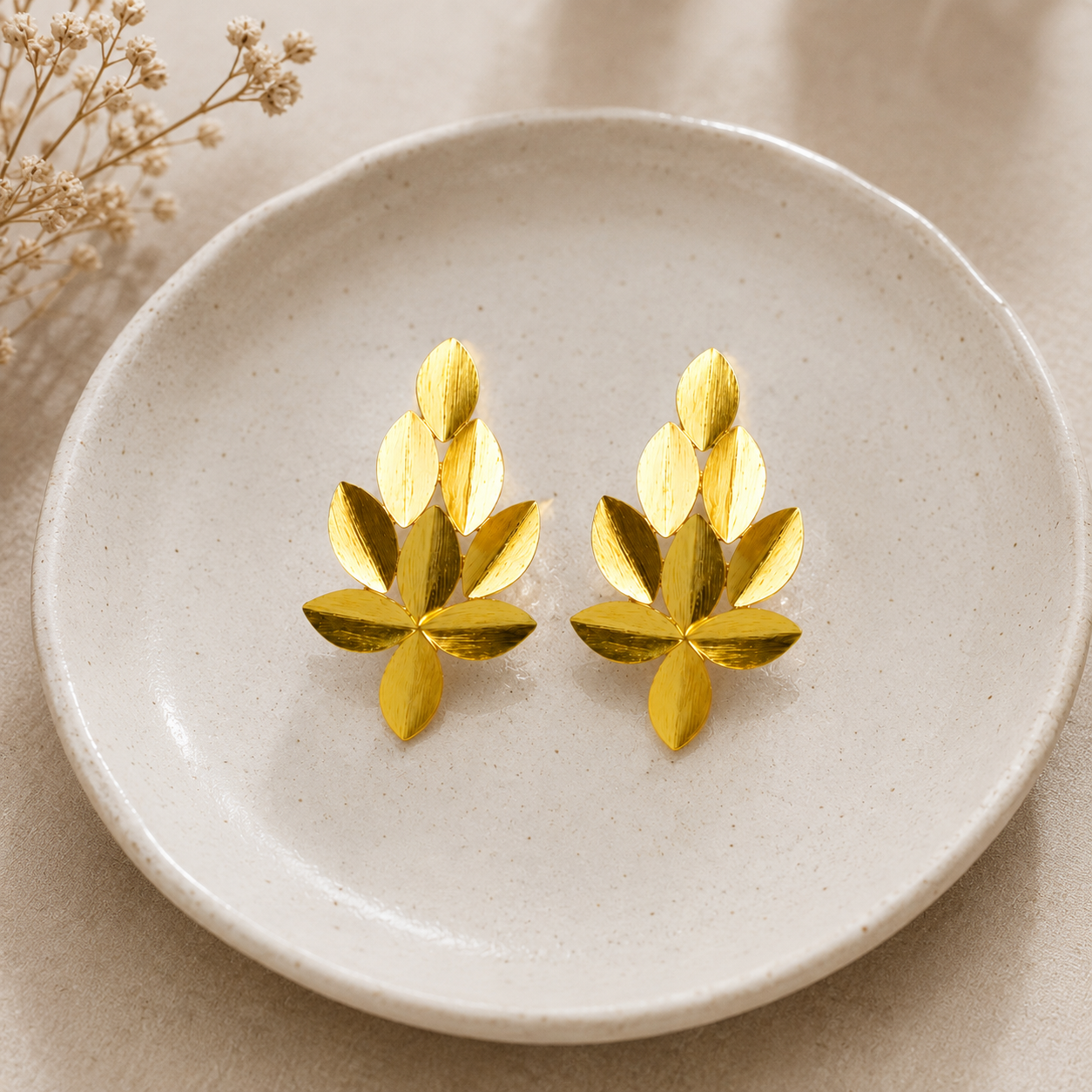 Golden Willow Cluster Earrings – Gold Plated Brushed Leaf Statement Studs