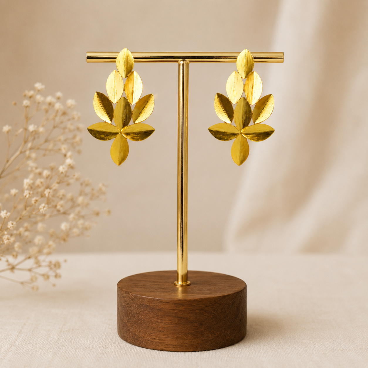Golden Willow Cluster Earrings – Gold Plated Brushed Leaf Statement Studs