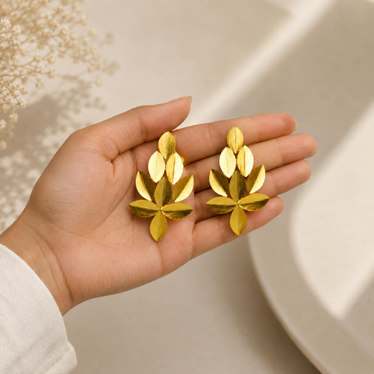 Golden Willow Cluster Earrings – Gold Plated Brushed Leaf Statement Studs