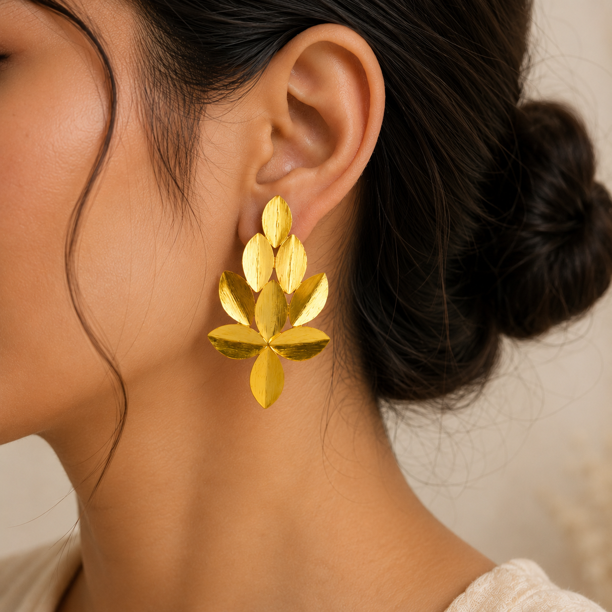 Golden Willow Cluster Earrings – Gold Plated Brushed Leaf Statement Studs