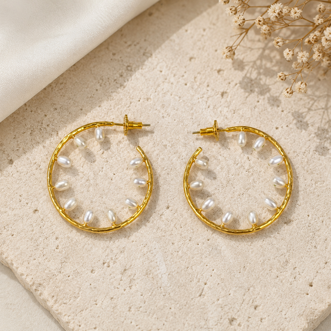 Ornate Gilded Shield Earrings – Gold Plated Floating Pearl Open Hoop Creoles