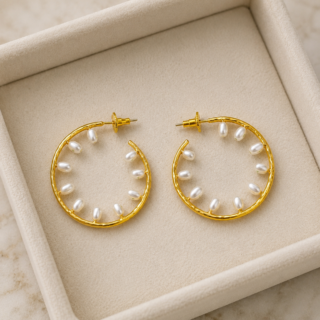 Ornate Gilded Shield Earrings – Gold Plated Floating Pearl Open Hoop Creoles