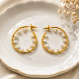 Ornate Gilded Shield Earrings – Gold Plated Floating Pearl Open Hoop Creoles
