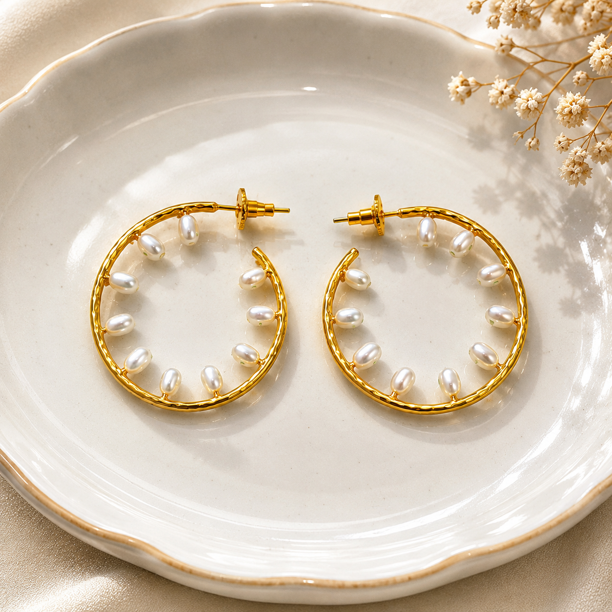 Ornate Gilded Shield Earrings – Gold Plated Floating Pearl Open Hoop Creoles