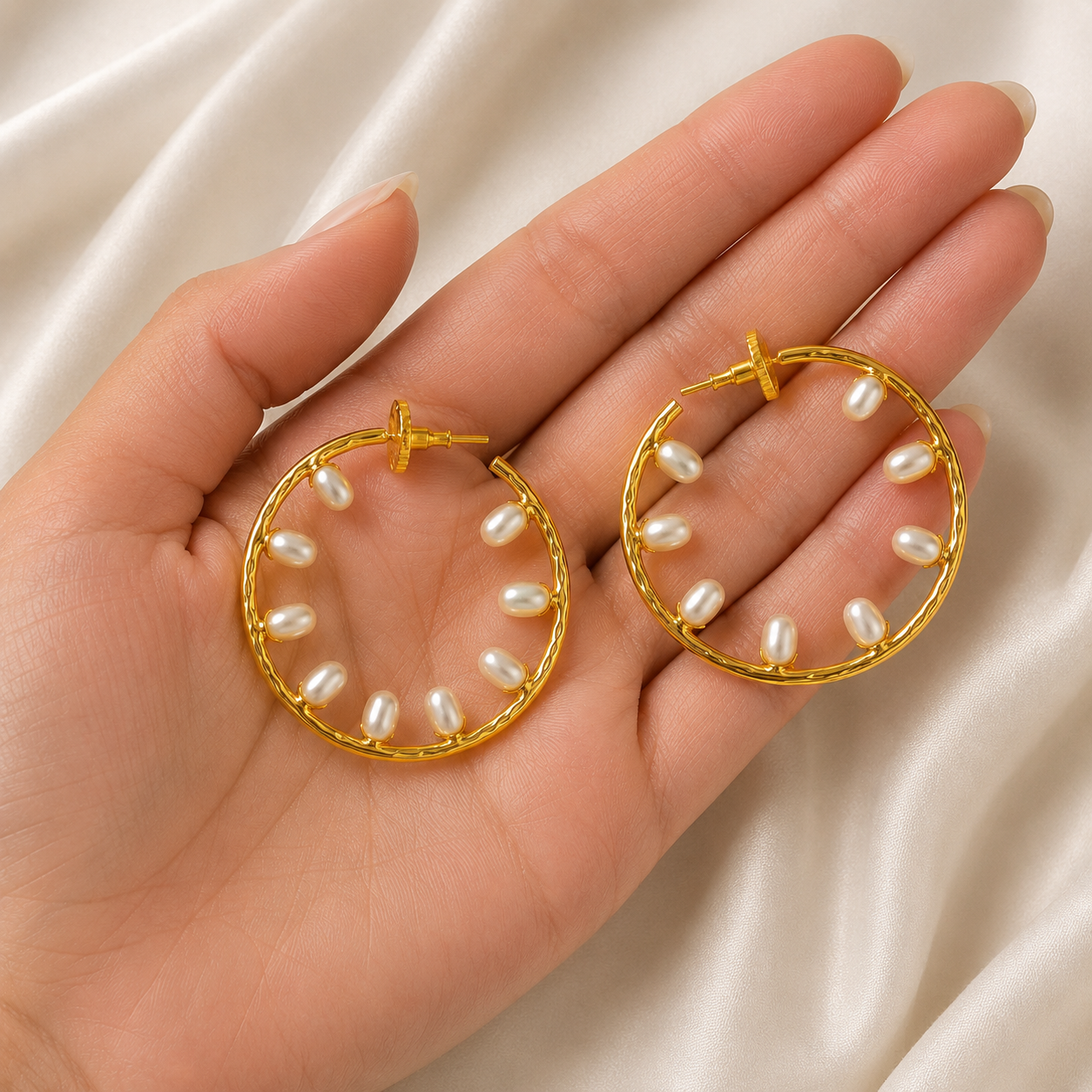 Ornate Gilded Shield Earrings – Gold Plated Floating Pearl Open Hoop Creoles