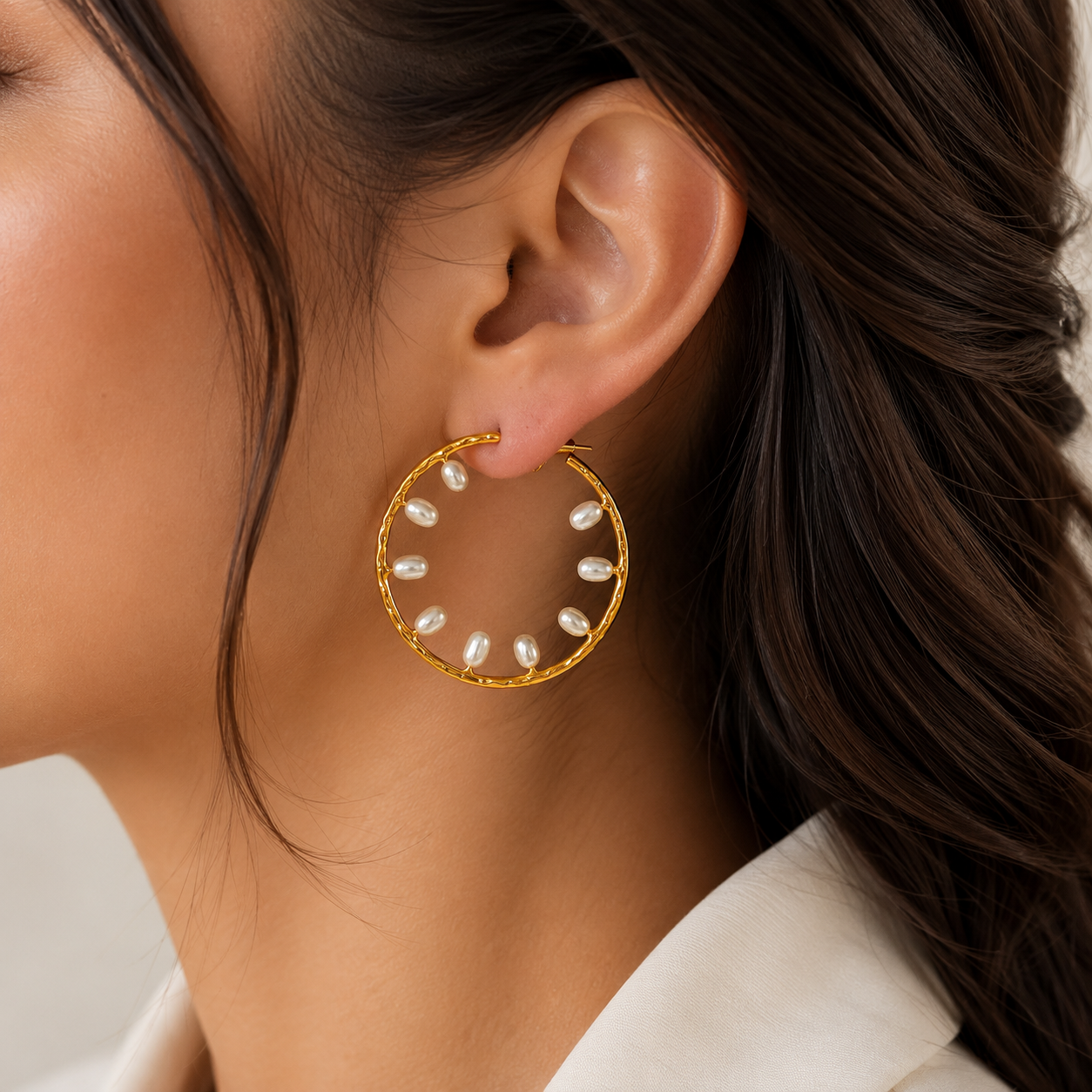 Ornate Gilded Shield Earrings – Gold Plated Floating Pearl Open Hoop Creoles