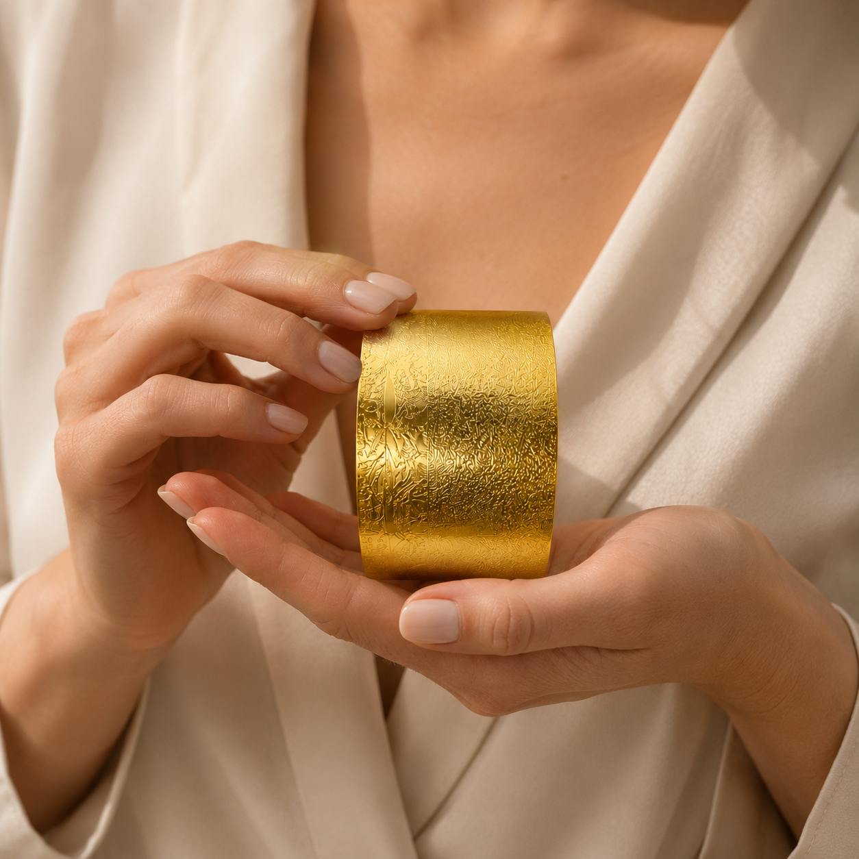 Floral Embossed Cuff Bracelet – Textured Vintage Gold Statement Bangle