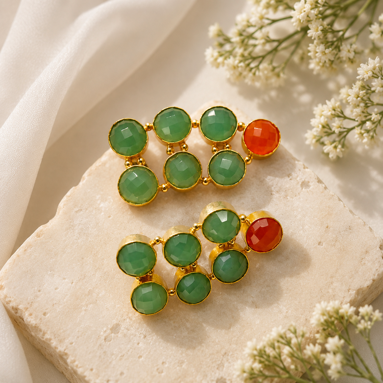 Verdant Cascade Statement Studs – Bezel-Set Geometric Drop Earrings