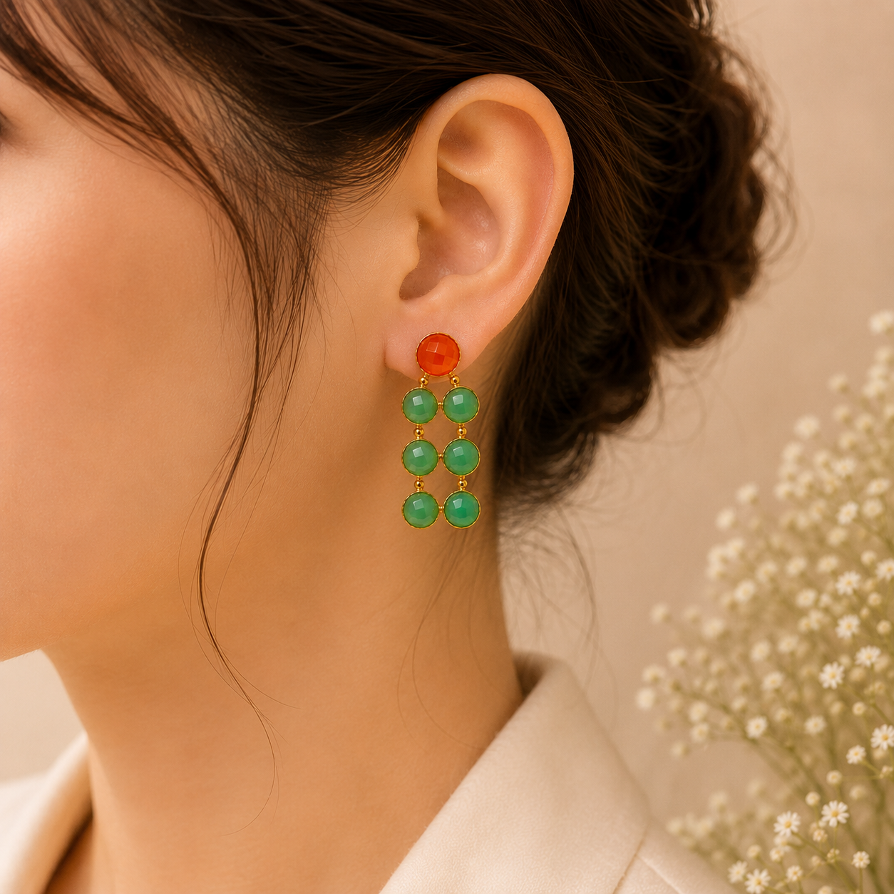 Verdant Cascade Statement Studs – Bezel-Set Geometric Drop Earrings
