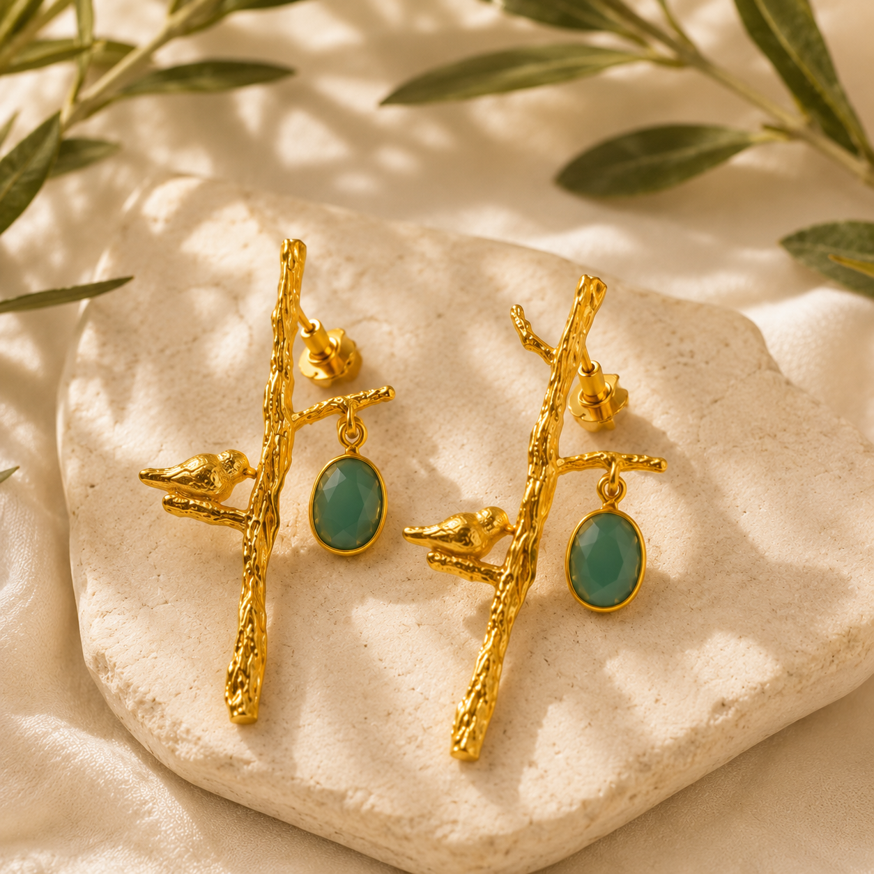 Golden Songbird Branch Earrings – Textured Brass & Gemstone Drops