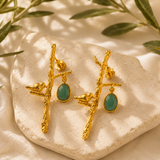Golden Songbird Branch Earrings – Textured Brass & Gemstone Drops