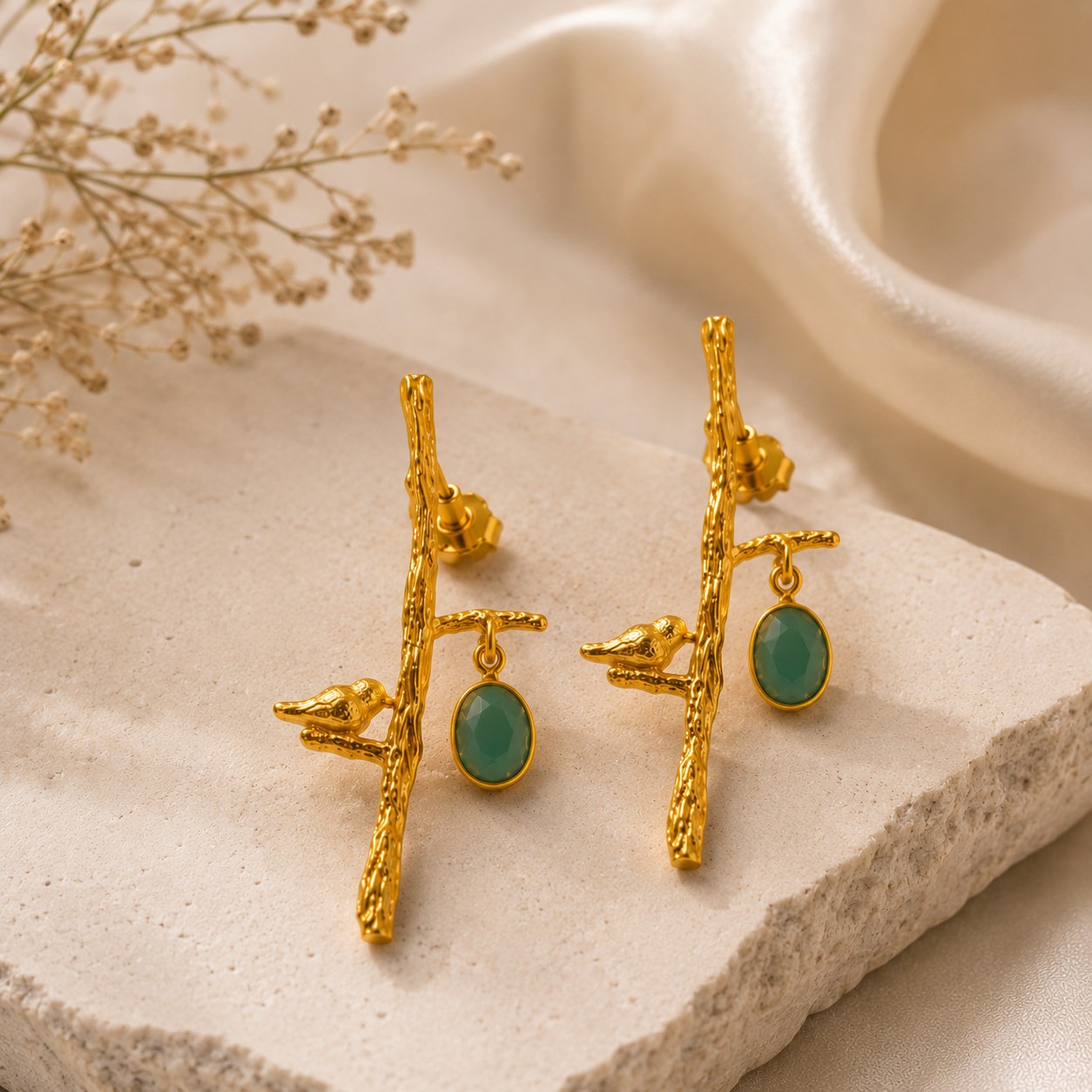 Golden Songbird Branch Earrings – Textured Brass & Gemstone Drops