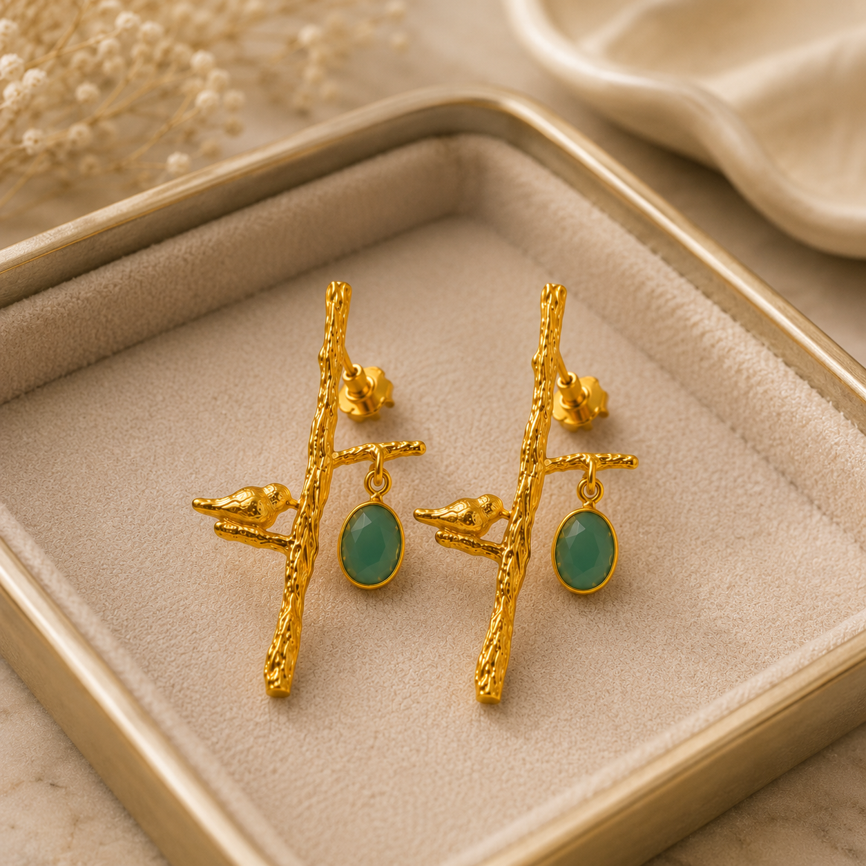 Golden Songbird Branch Earrings – Textured Brass & Gemstone Drops