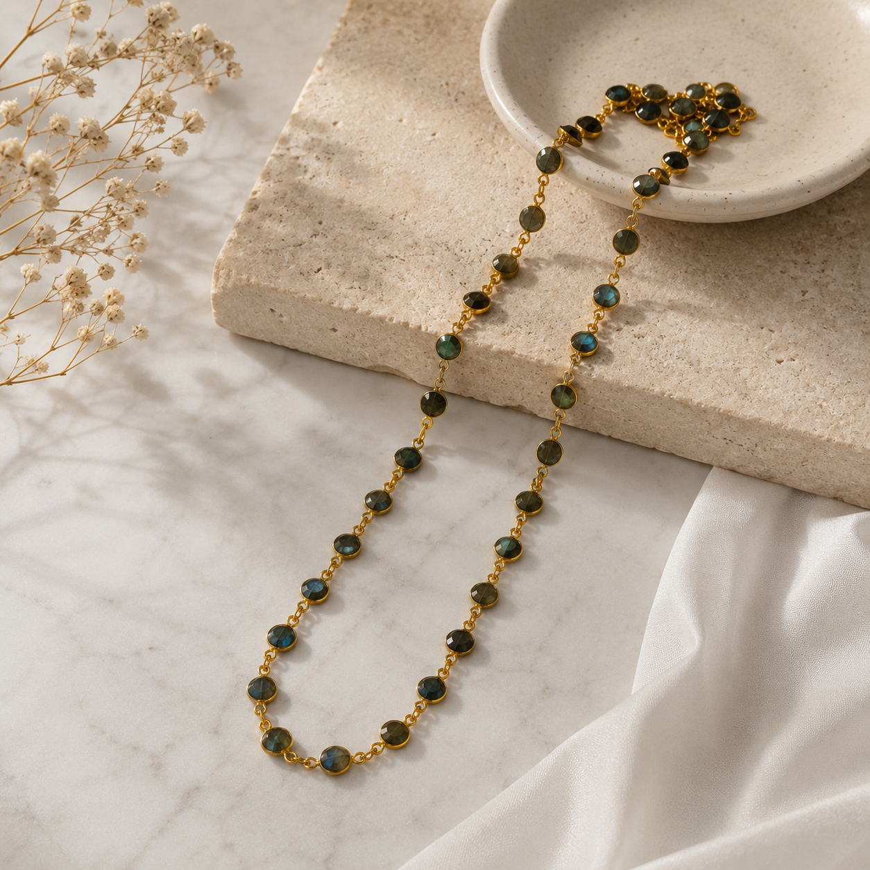 Lustrous Labradorite Station Necklace – Gold Plated Brass Faceted Stone Chain