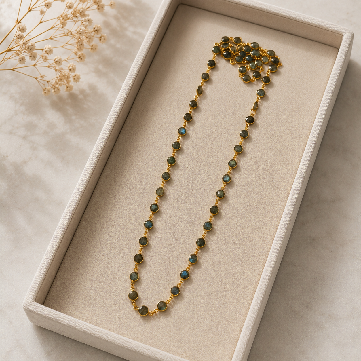 Lustrous Labradorite Station Necklace – Gold Plated Brass Faceted Stone Chain