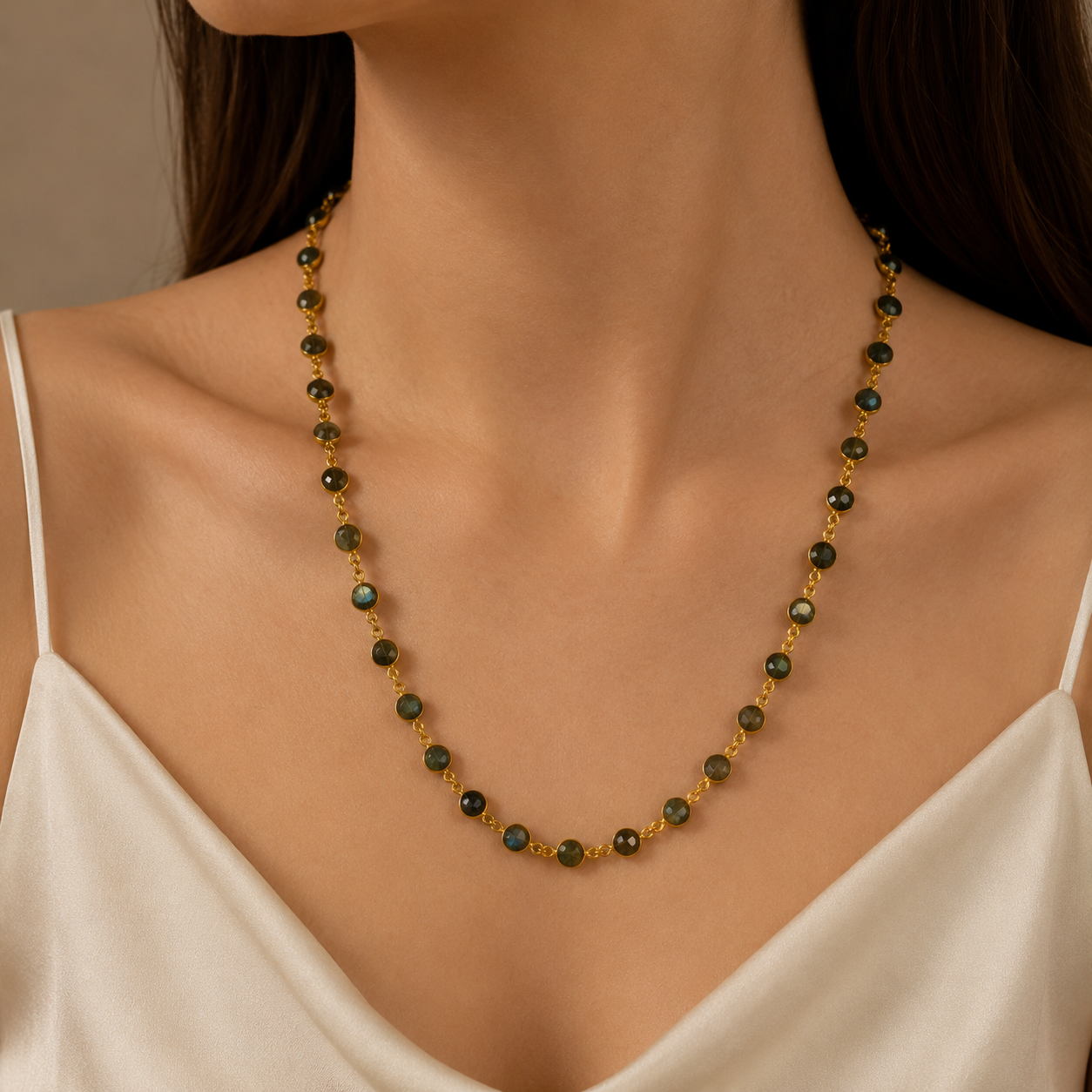 Lustrous Labradorite Station Necklace – Gold Plated Brass Faceted Stone Chain