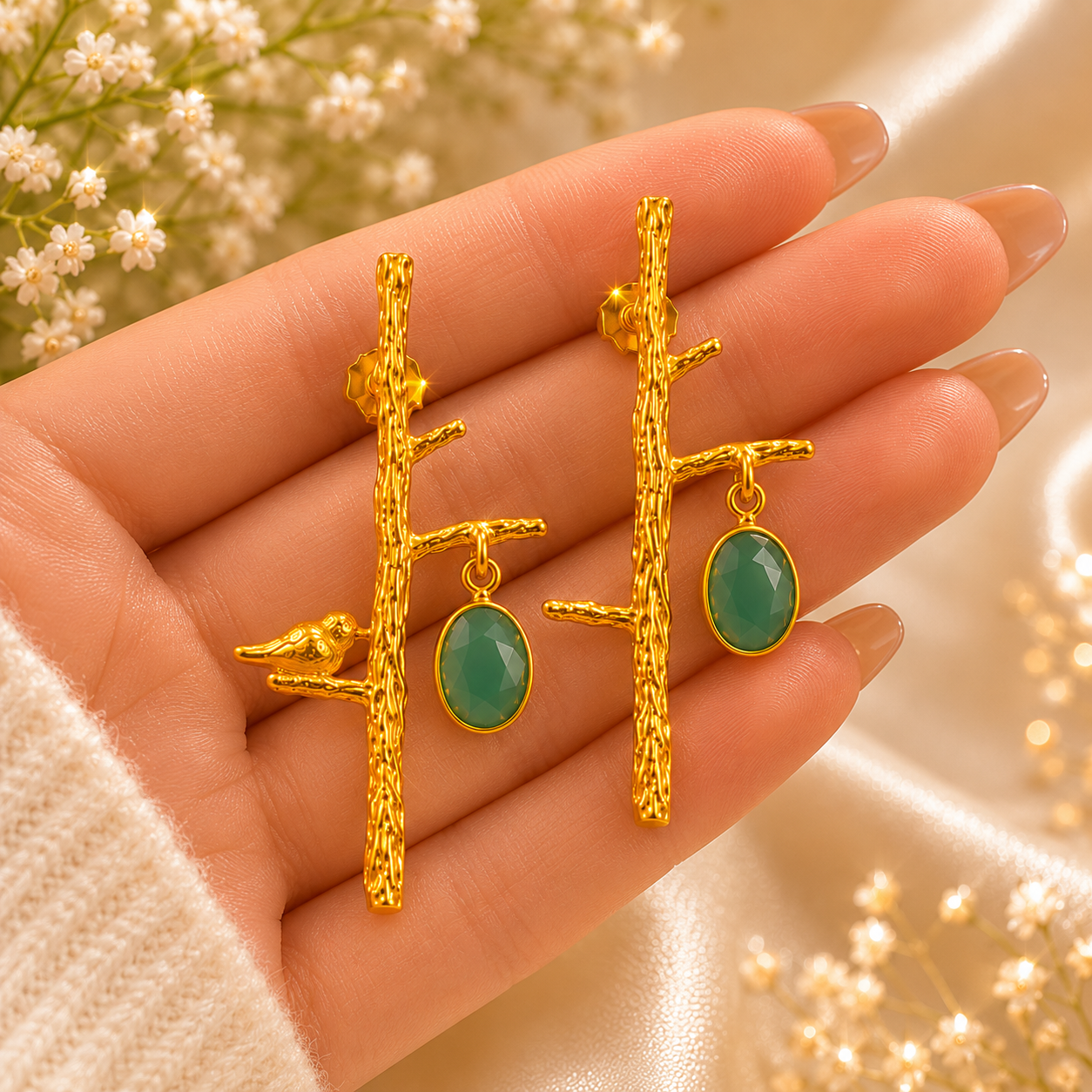 Golden Songbird Branch Earrings – Textured Brass & Gemstone Drops
