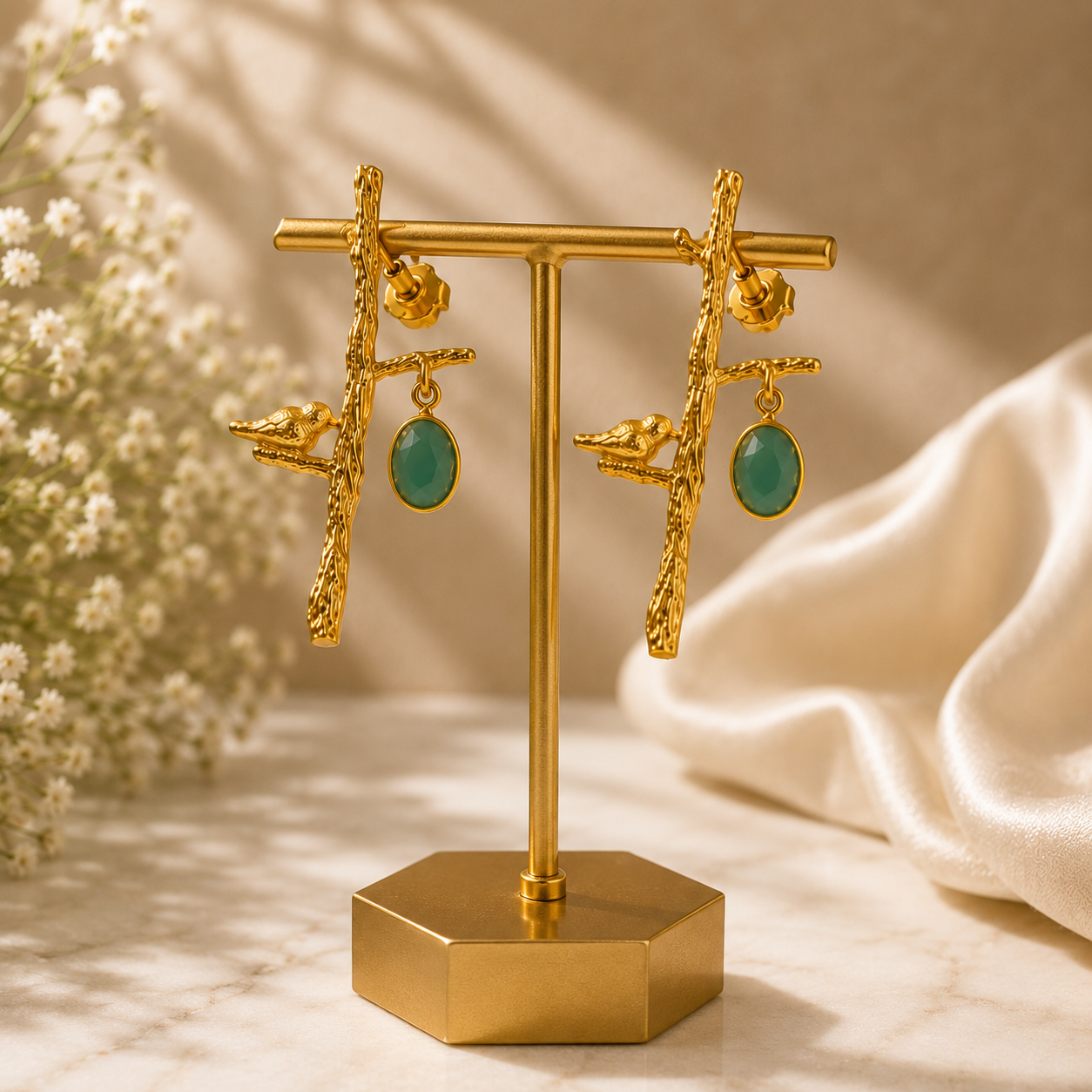 Golden Songbird Branch Earrings – Textured Brass & Gemstone Drops