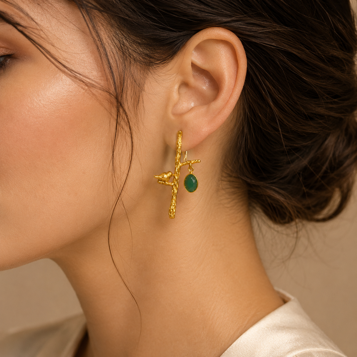 Golden Songbird Branch Earrings – Textured Brass & Gemstone Drops