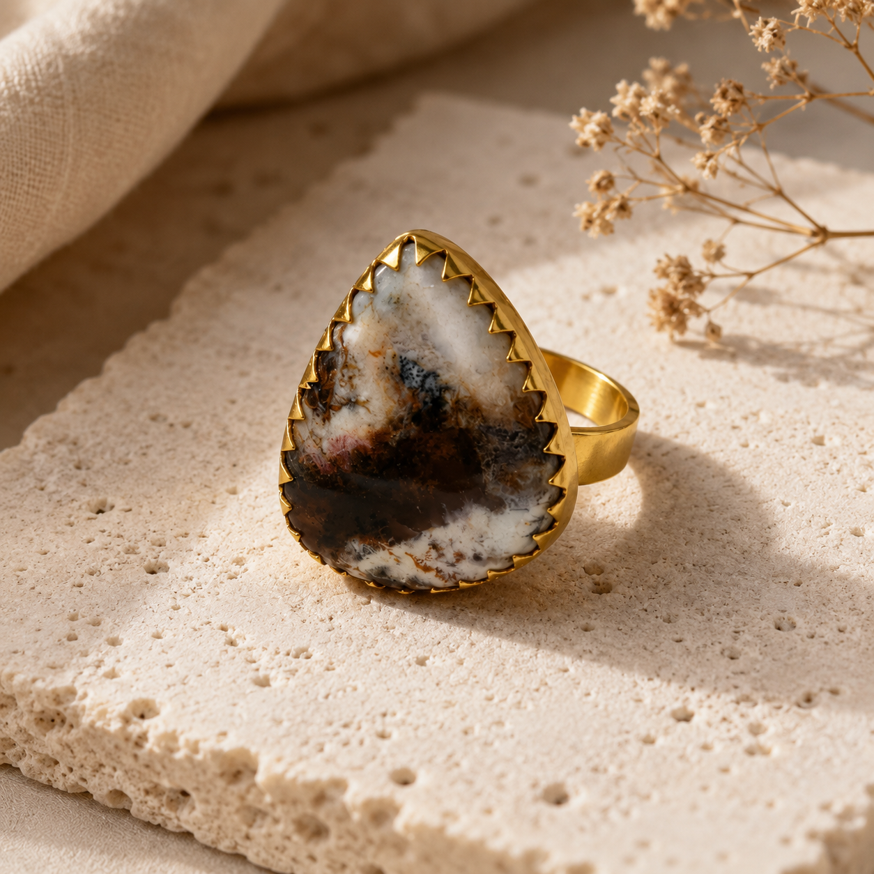 The Volcanic Core Shield Ring – Gold Plated Agate Statement Cocktail Ring