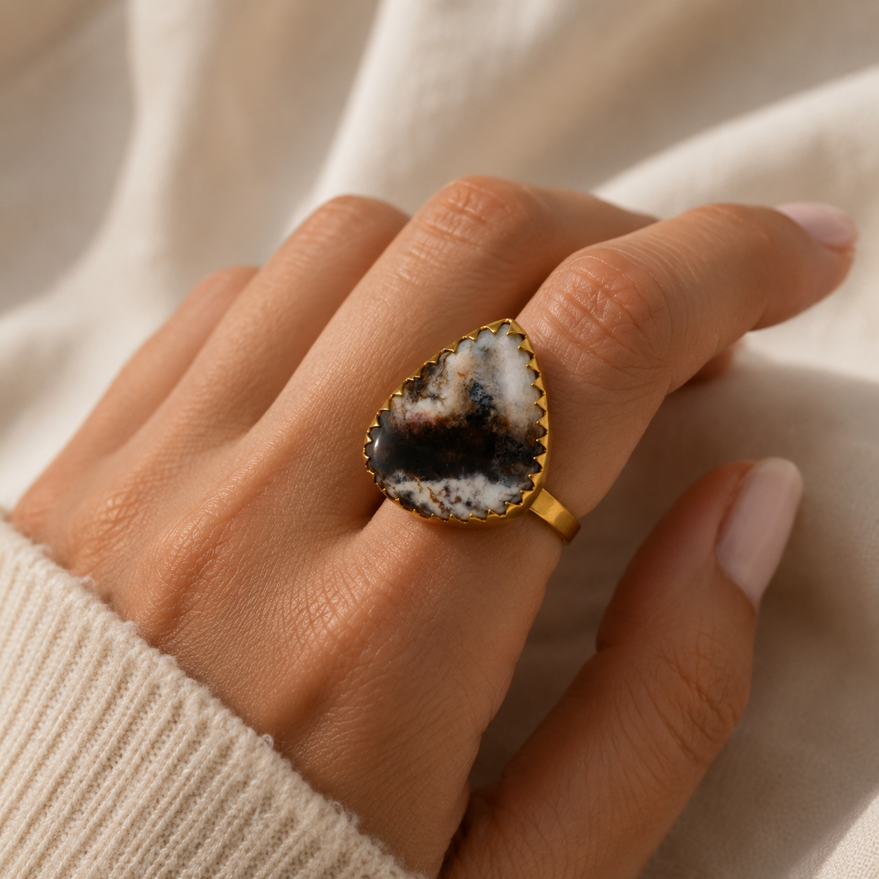 The Volcanic Core Shield Ring – Gold Plated Agate Statement Cocktail Ring